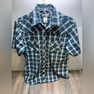 Wrangler Wrancher Western Shirt Men’s Blue Plaid Pearl Snap Short Sleeve Size L